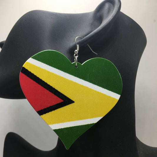 Guyana Flag Printed Heart-shaped wooden earring